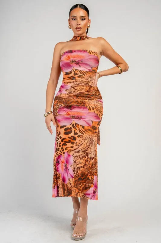 PD79587N / PRINT RUCHED MIDI DRESS made by privy