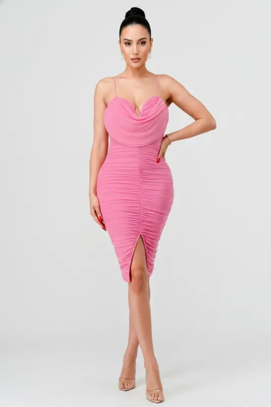 PD76237N / LUXE MESH SWEETHEART COWL BACK RUCHED MINI DRESS made by privy