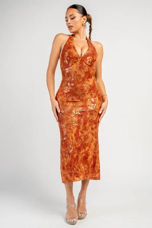 YD30434S / EMBELLISHED MESH PRINT MIDI DRESS made by privy