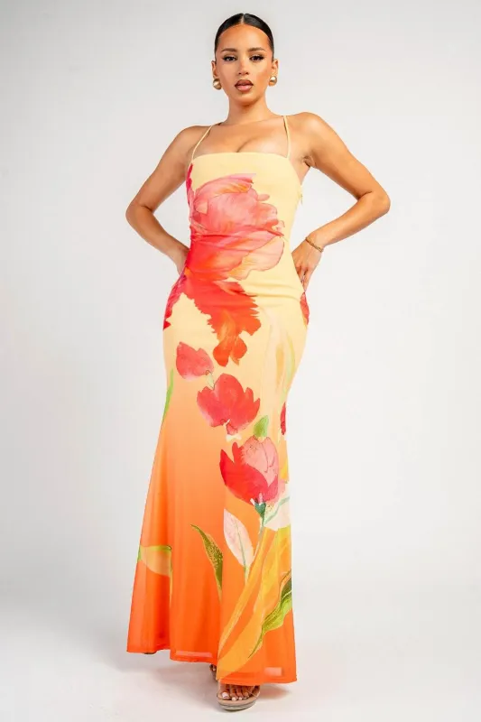 PD79773E / PRINTED MAXI DRESS W/ LACE-UP BACK made by privy