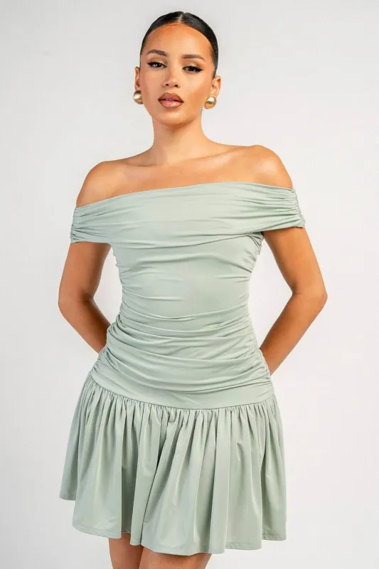 PD79982DST / OFF SHOULDER RUCHED MINI DRESS made by privy