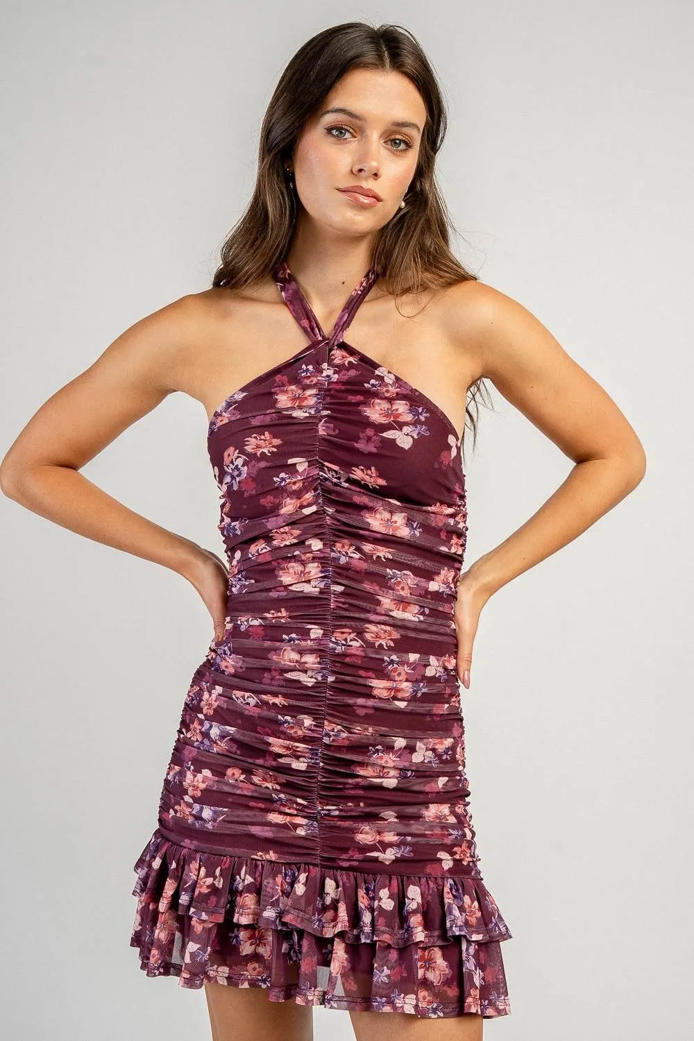 BD13467B / RUCHED MESH HALTER MINI DRESS sold by privy product image thumbnail 4