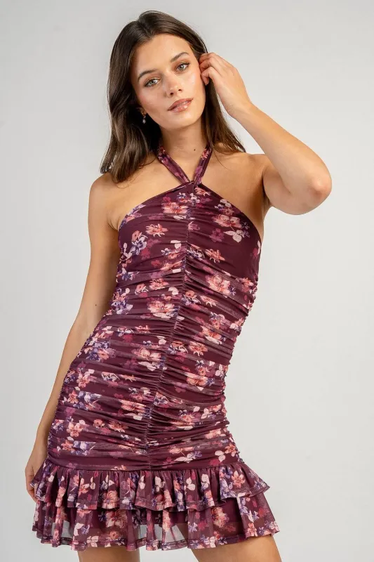 BD13467B / RUCHED MESH HALTER MINI DRESS made by privy