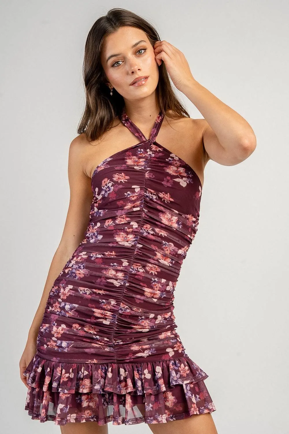 BD13467B / RUCHED MESH HALTER MINI DRESS sold by privy