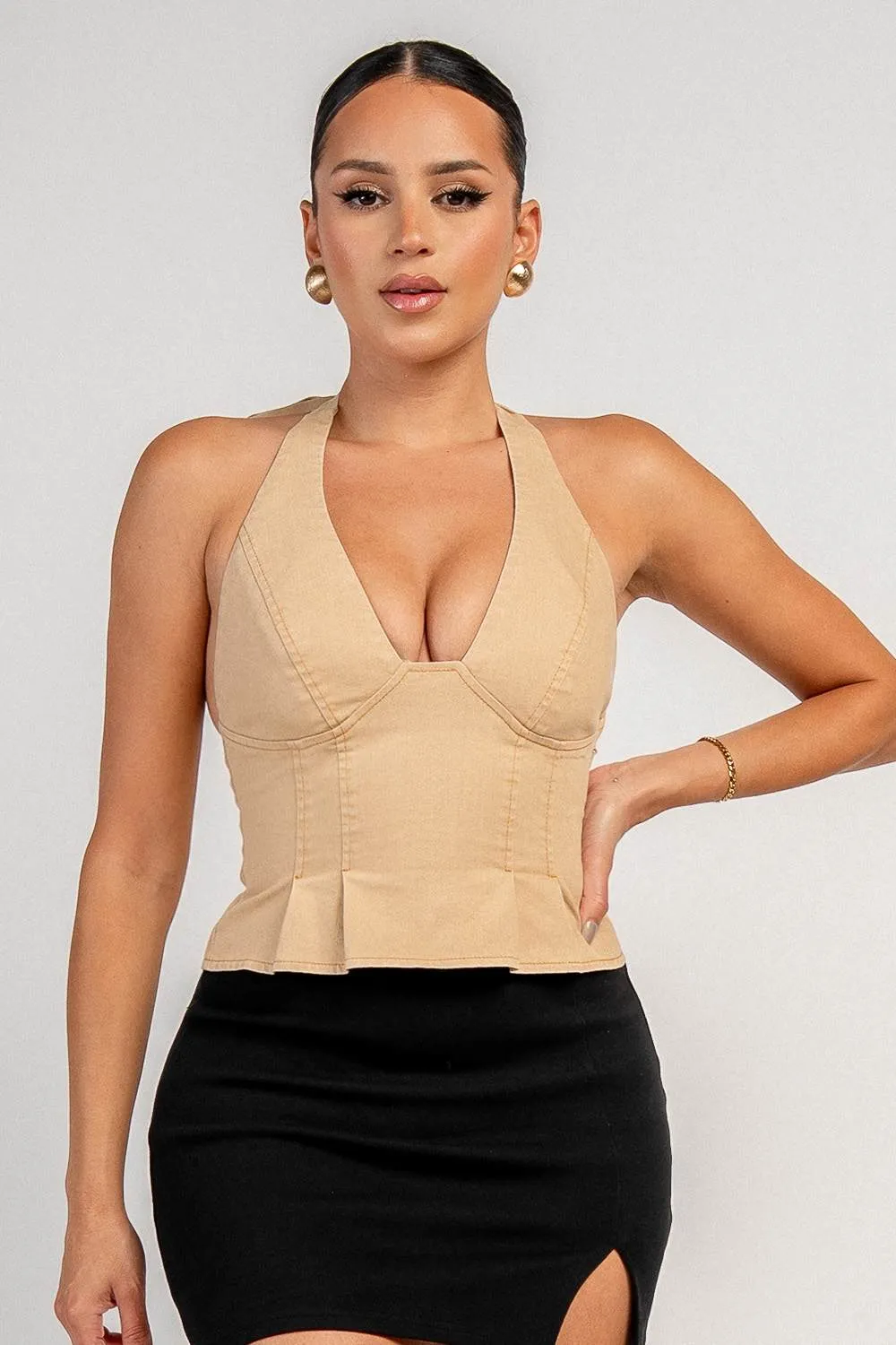 PT45749D / PLUNGING HALTER DENIM CROP TOP sold by privy product image thumbnail 4