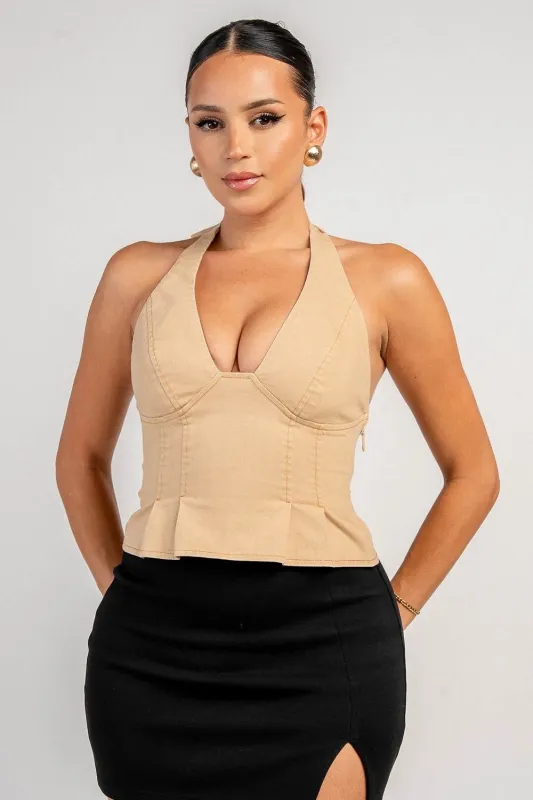PT45749D / PLUNGING HALTER DENIM CROP TOP made by privy