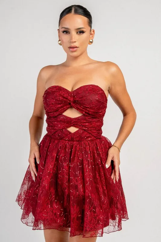 YD30518SD / CLEAR SEQUIN LACE TWIST FRONT MINI DRESS made by privy
