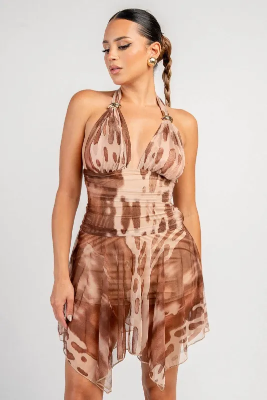 PD80061DST / HALTER NECK RUCHED HANKERCHIEF HEM MINI DRESS made by privy