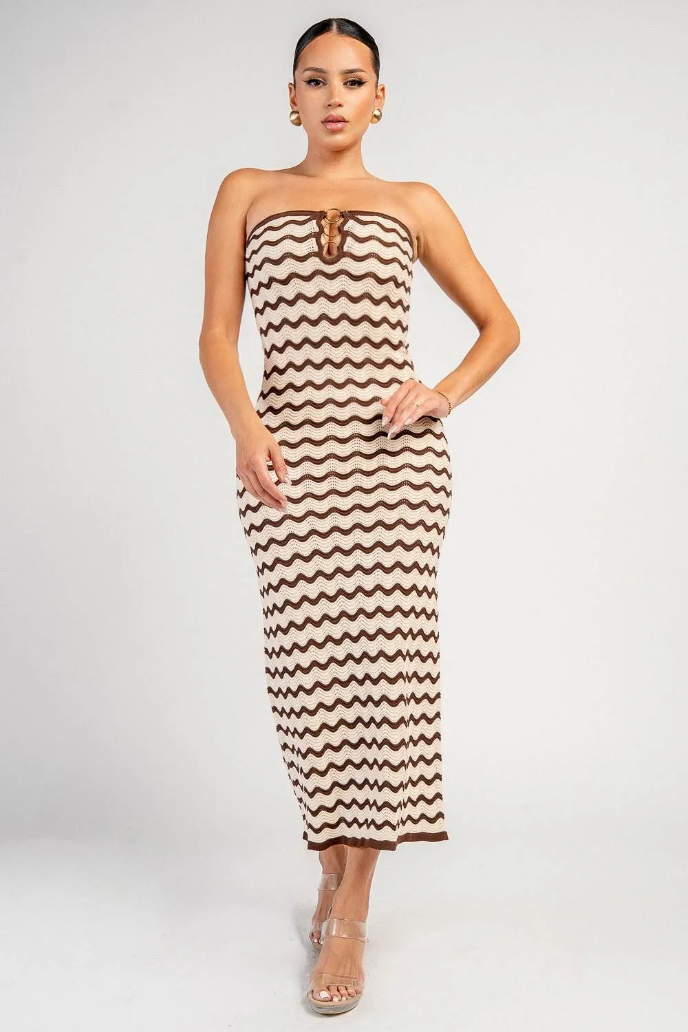 YD30483N / SWEATER KNIT WITH METAL RING TRIM MIDI DRESS sold by privy