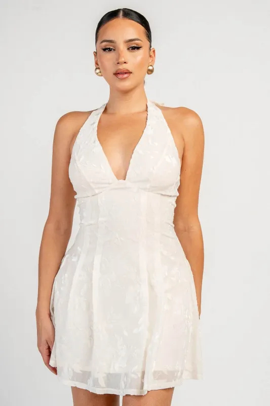 PD80063D / PLUNGING HALTER SKATER MINI DRESS made by privy
