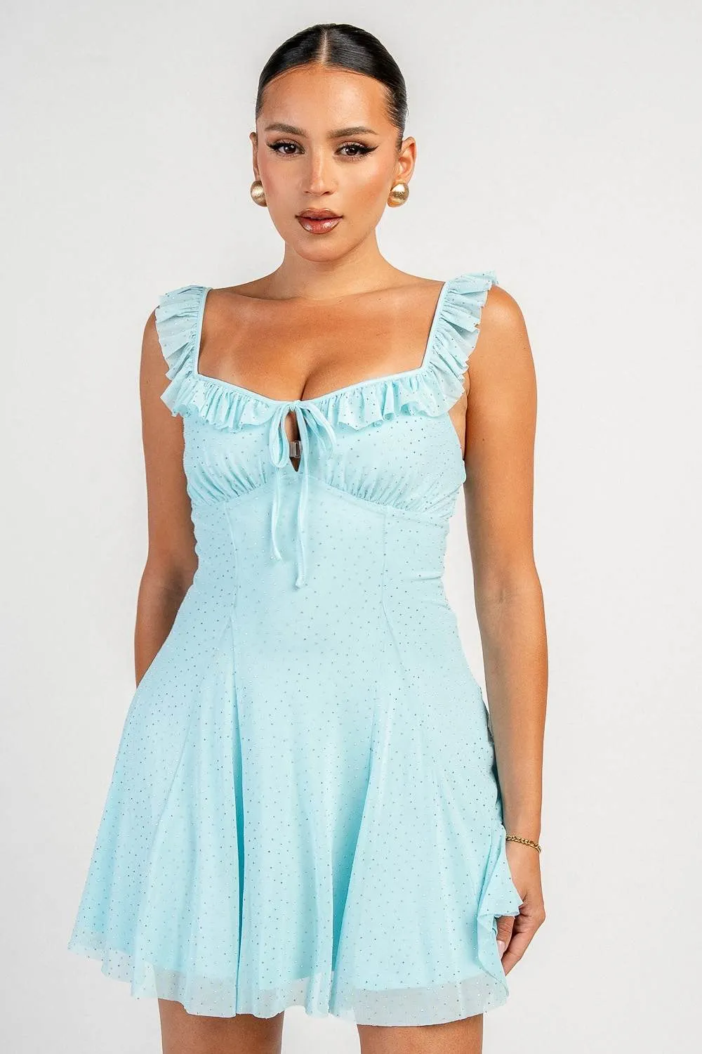 YD30548K / RHINESTONE MESH WITH RUFFLE MINI DRESS sold by privy