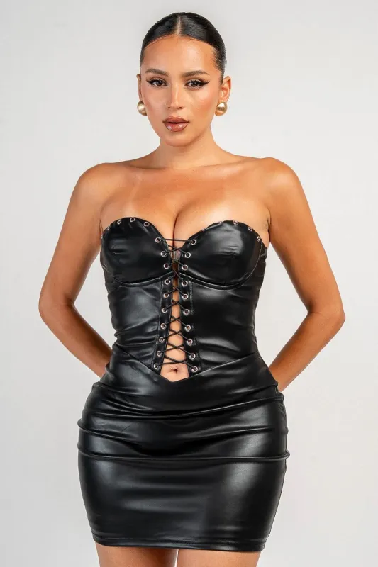 YD30336E / STRETCH FAUX LEATHER MINI DRESS made by privy