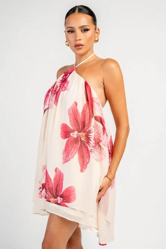 YD30335 / TROPICAL PRINTED CHIFFON MINI DRESS made by privy