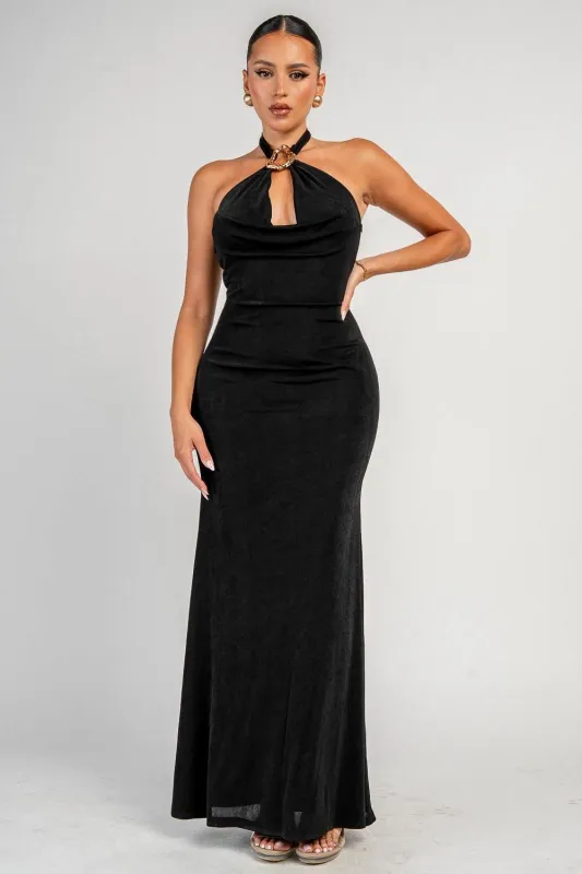 YD30344N / SLINKY KNIT WITH TRIM COWL NECK MAXI DRESS made by privy