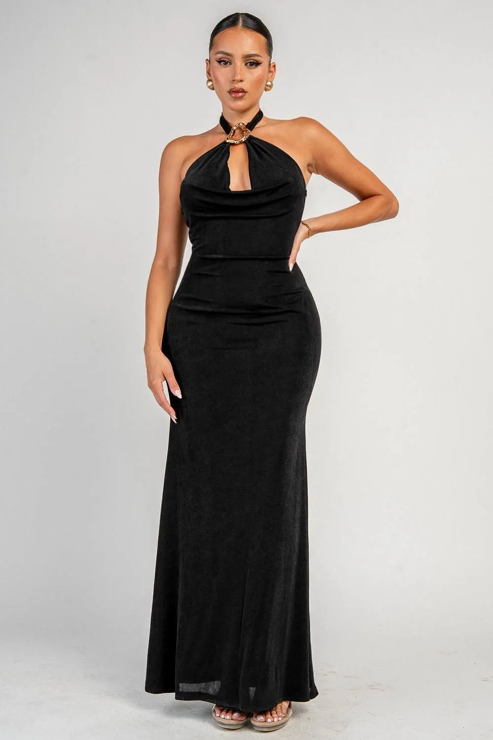 YD30344N / SLINKY KNIT WITH TRIM COWL NECK MAXI DRESS sold by privy