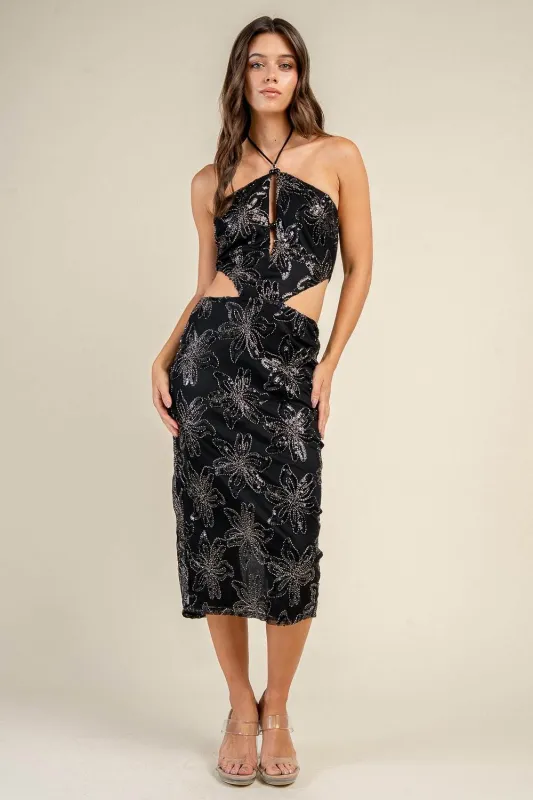 CD31150N / HALTER NECK MIDI DRESS W/ TRIM DETAIL made by privy