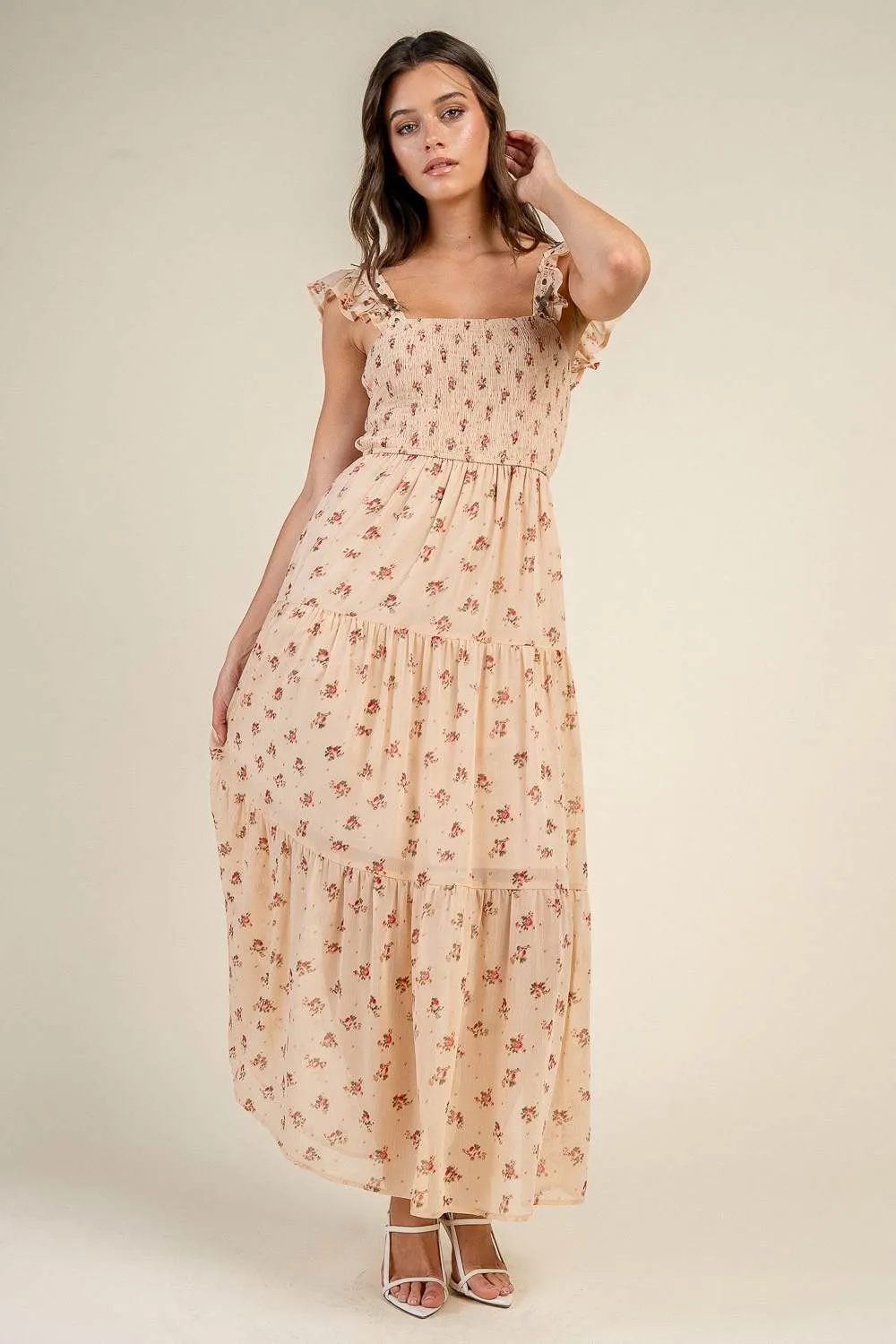 CD31097S / SMOCKED BODICE MAXI TIERED DRESS sold by privy