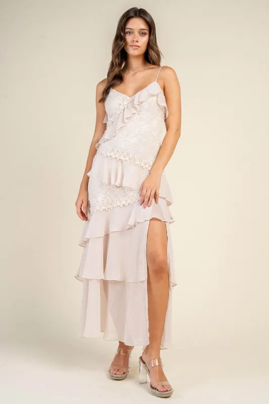 CD31092E / LACE MIXED SLIT DETAILED TIERED MAXI DRESS made by privy