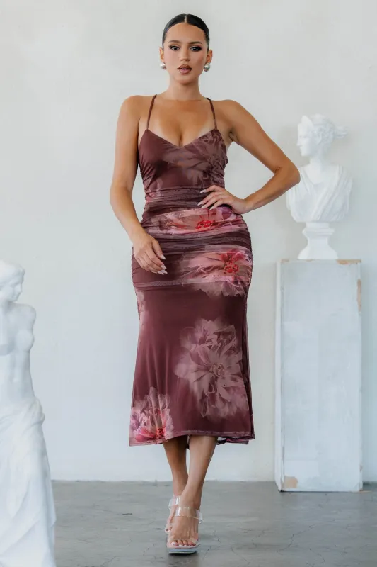 PD80133SST / FLORAL RUCHED MIDI DRESS made by privy