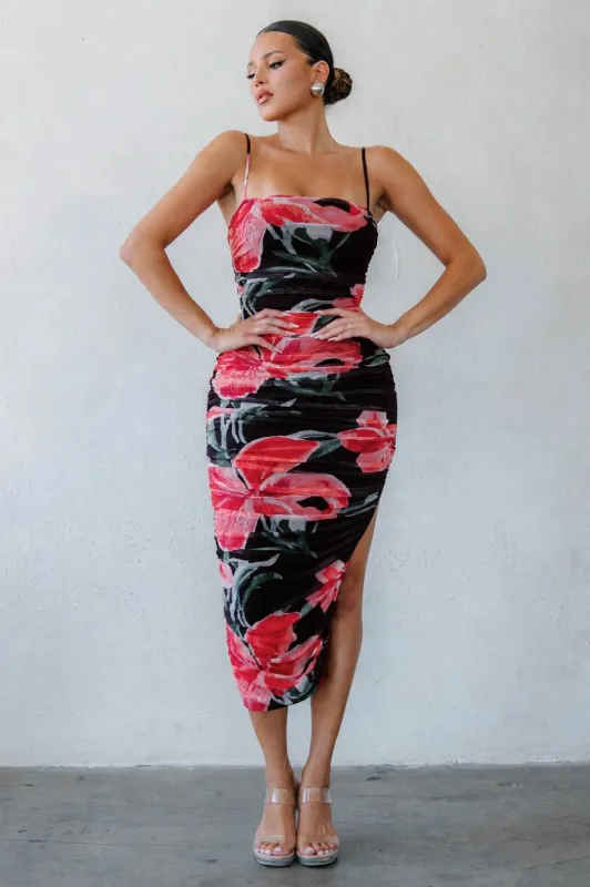 PD79919S / RUCHED SIDE SLIT MIDI DRESS made by privy