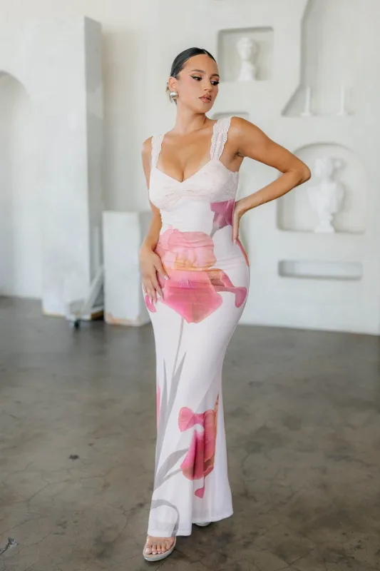 YD30154EW / PRINTED MESH W/ LACE BUSTIER MAXI DRESS made by privy