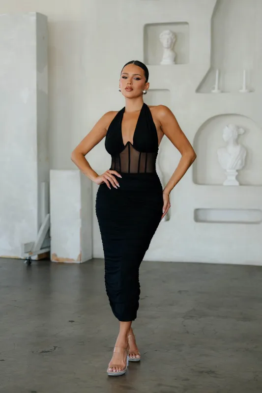 PD80129N / HALTER NECK MIDI RUCHED DRESS made by privy