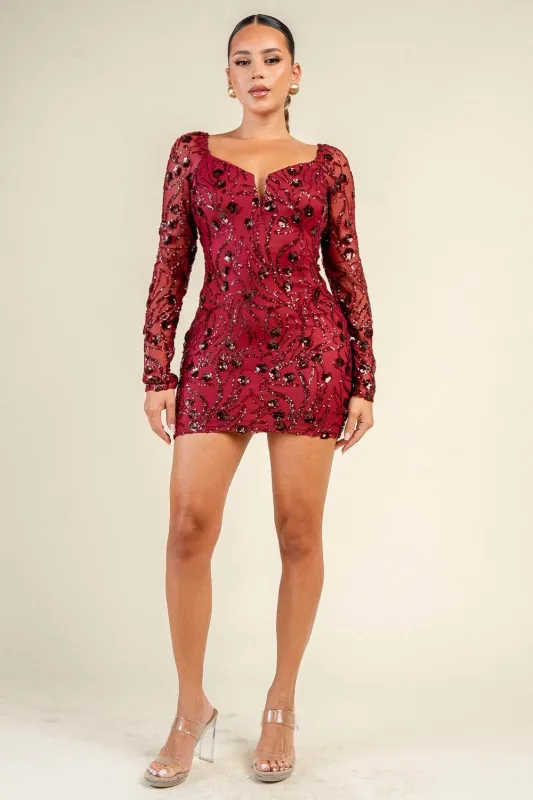 YD30619N / MESH SEQUIN WITH SEMI SHEER SLEEVE DRESS made by privy