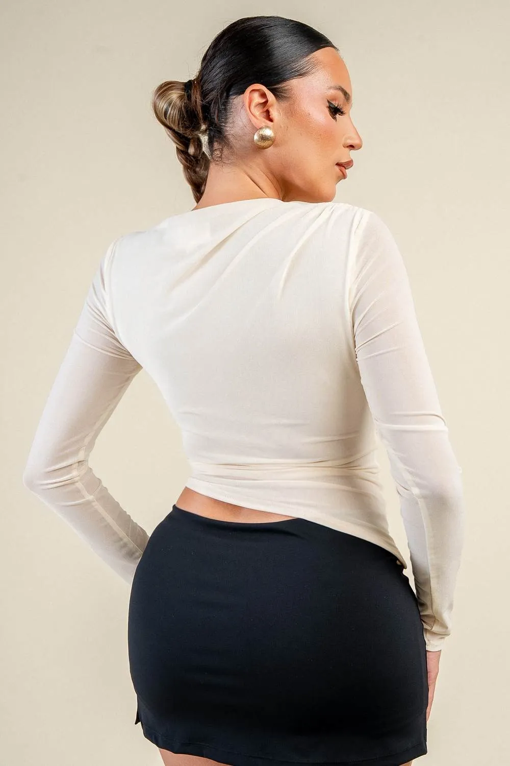PT45822D / SHINY MESH ASYMMETRIC RUCHED LONG SLEEVE TOP sold by privy product image thumbnail 4