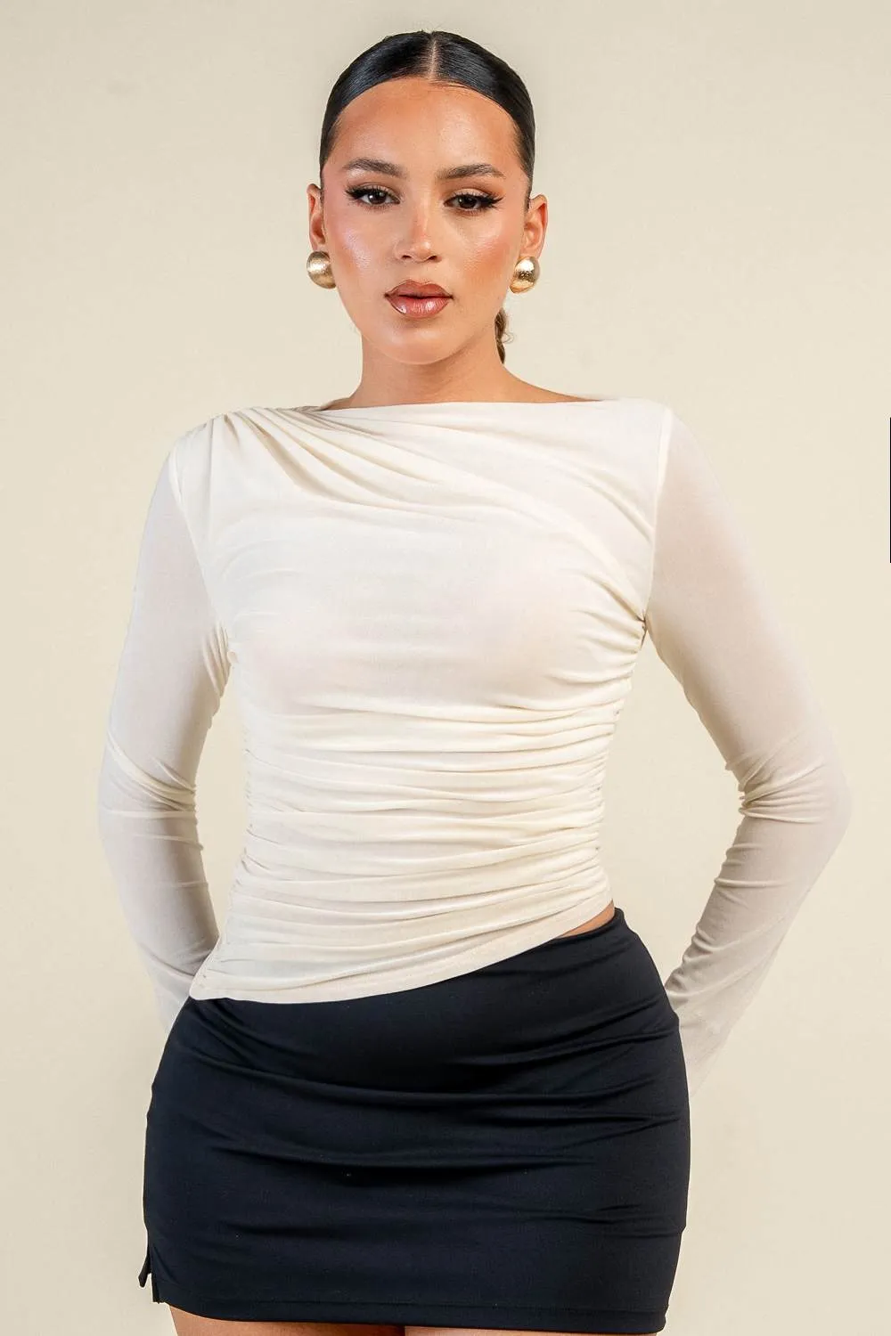PT45822D / SHINY MESH ASYMMETRIC RUCHED LONG SLEEVE TOP sold by privy product image thumbnail 5