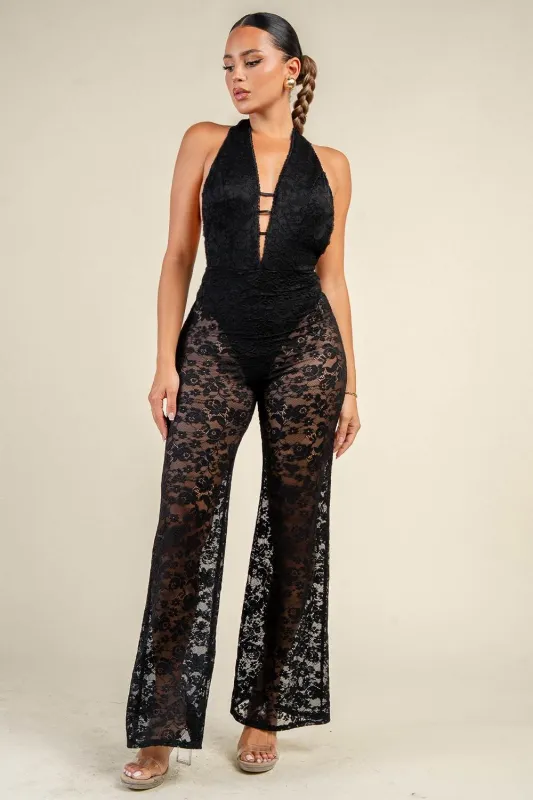 PJ11333K / LACE HALTER JUMPSUIT made by privy