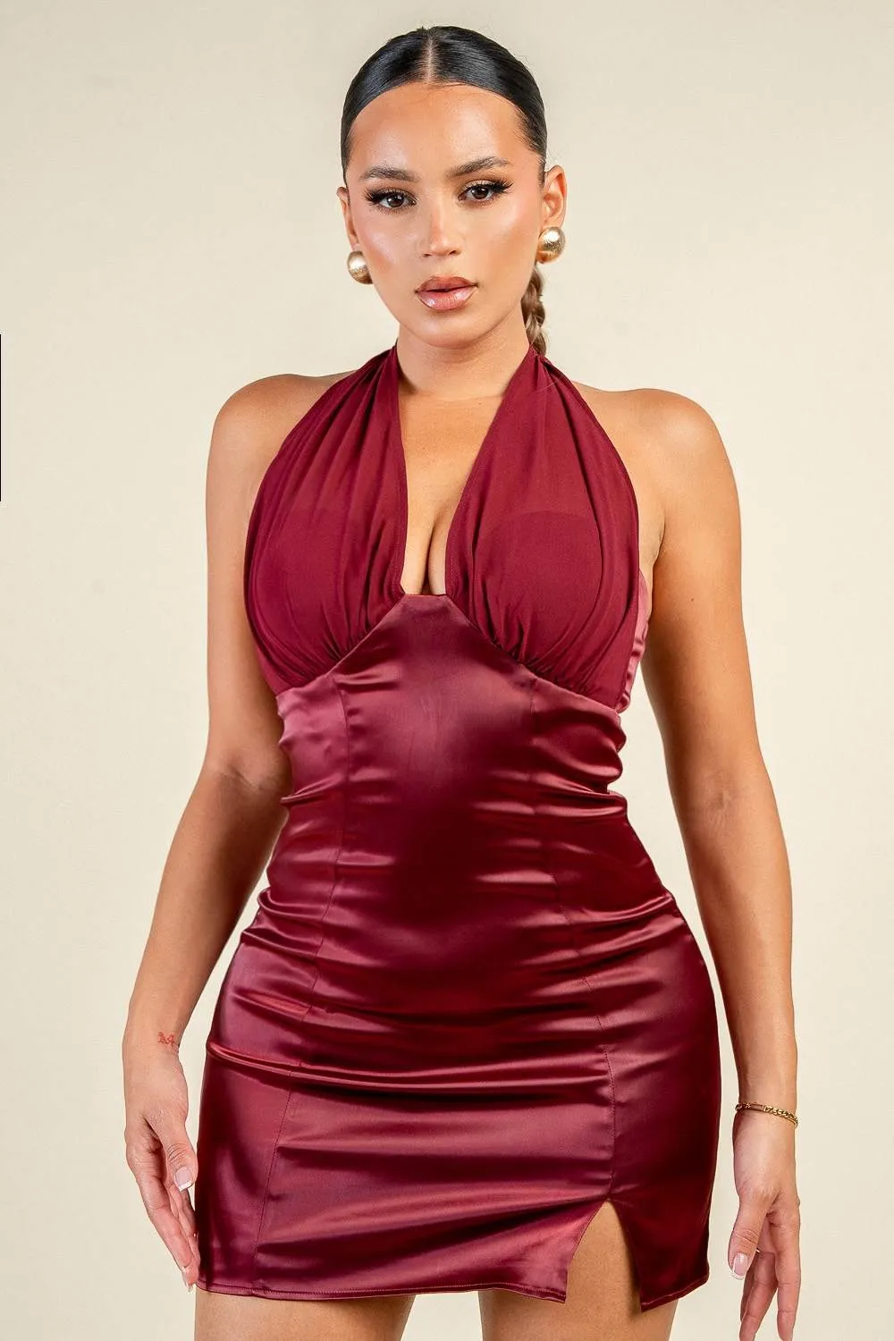 PD80204D / STRETCH SATIN MIXED WITH CHIFFON HALTER MINI DRESS sold by privy product image thumbnail 2