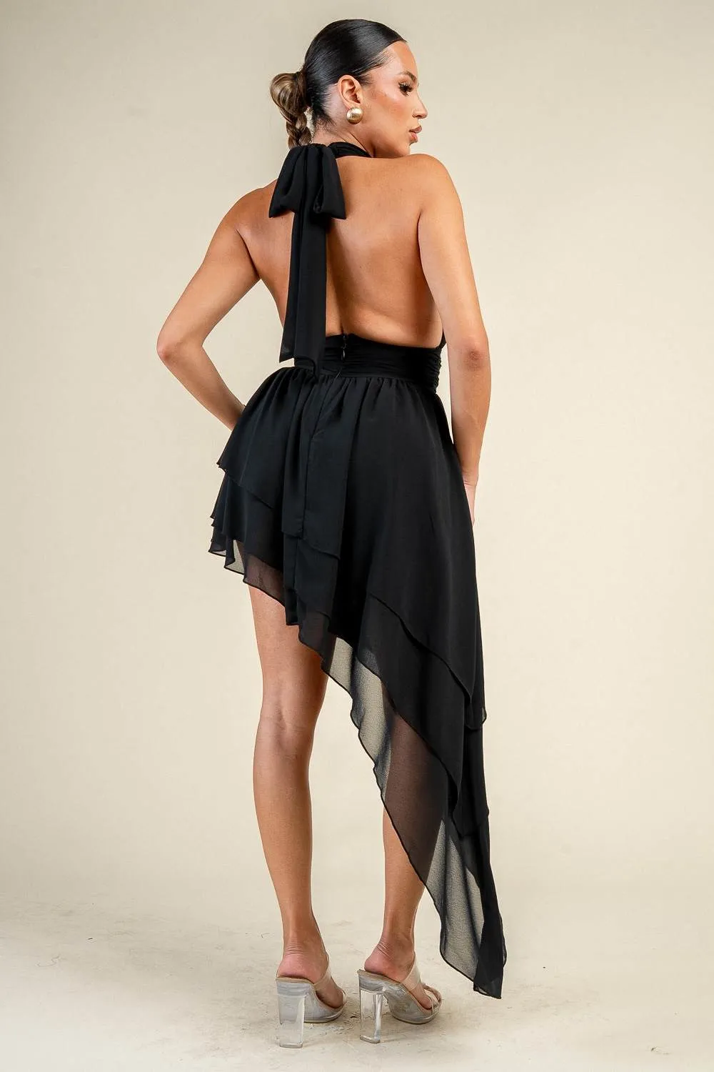 PD80159B / CHIFFON HALTER NECK ASYMMETRICAL MINI DRESS sold by privy product image thumbnail 3