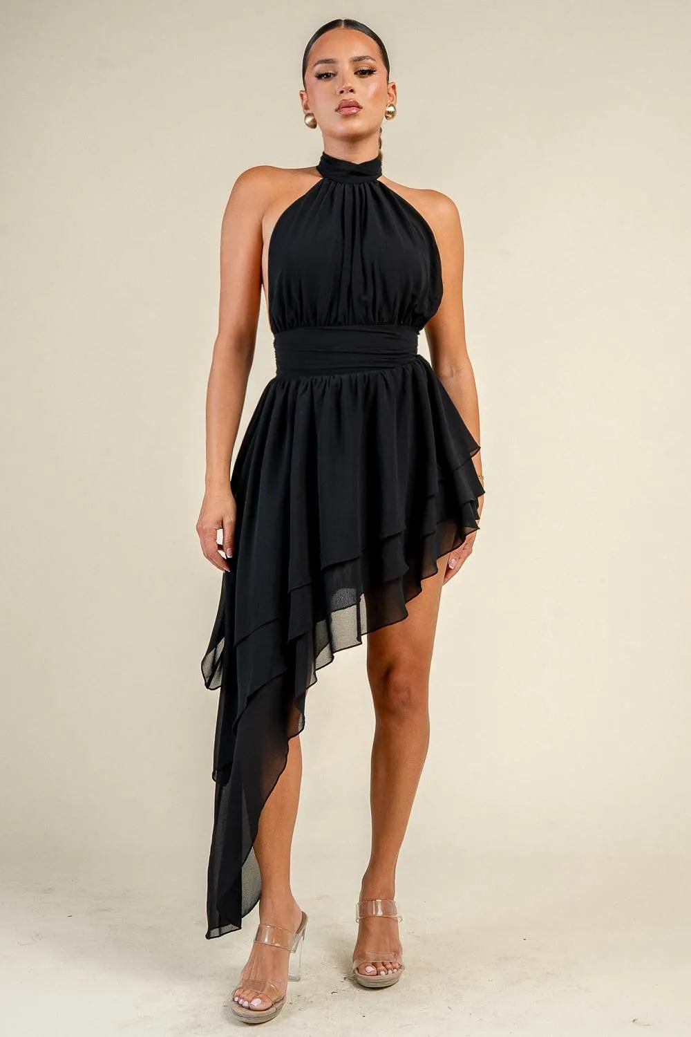 PD80159B / CHIFFON HALTER NECK ASYMMETRICAL MINI DRESS sold by privy product image thumbnail 4