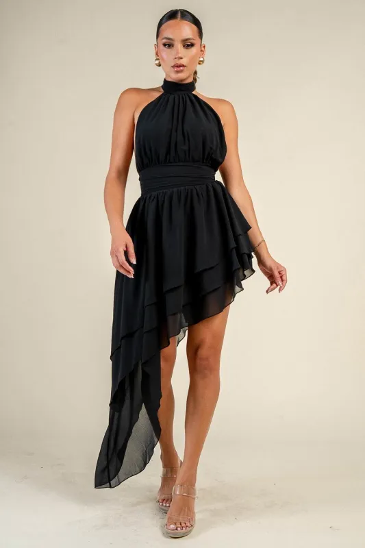 PD80159B / CHIFFON HALTER NECK ASYMMETRICAL MINI DRESS made by privy
