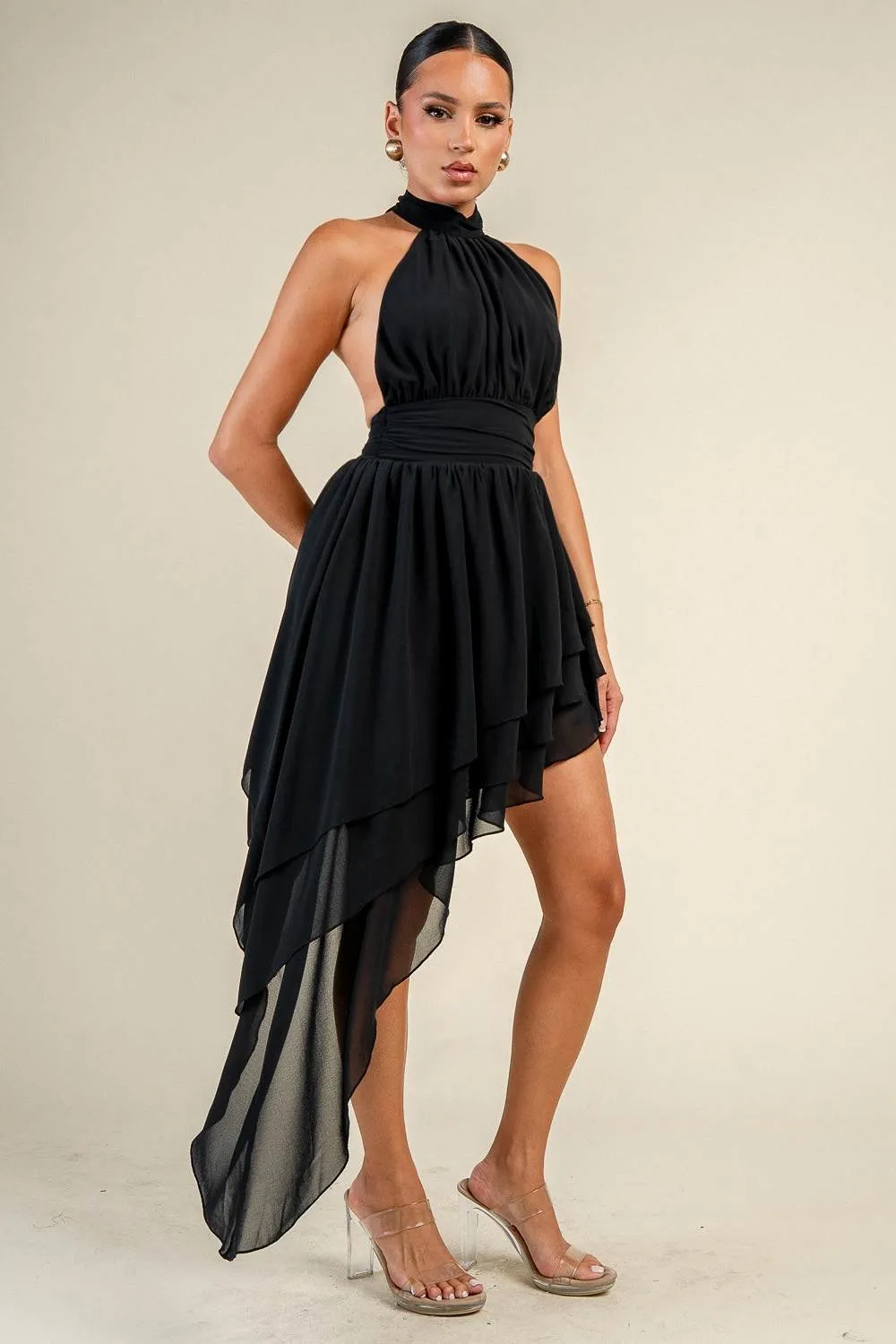 PD80159B / CHIFFON HALTER NECK ASYMMETRICAL MINI DRESS sold by privy product image thumbnail 2
