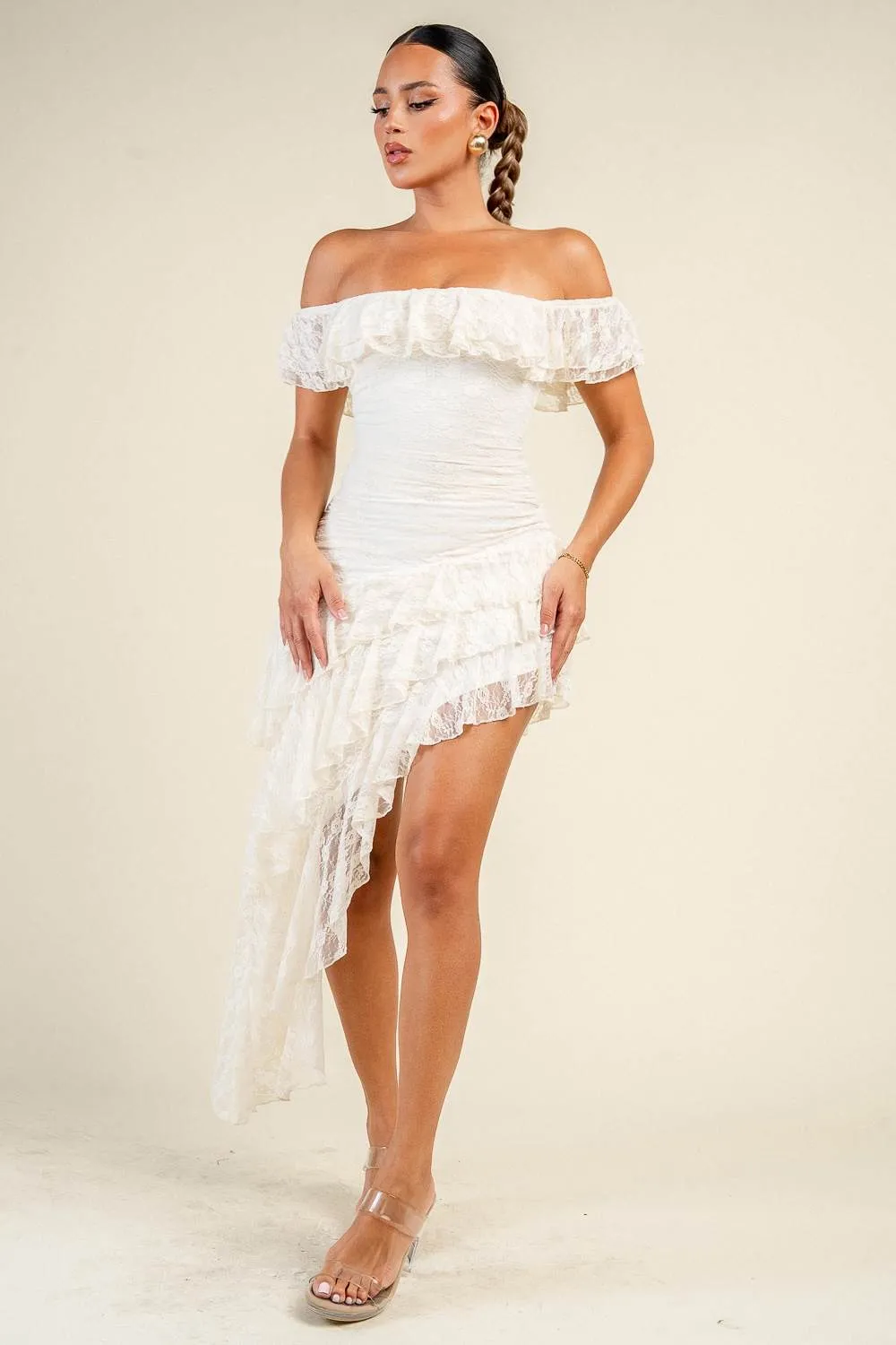 PD80160B / OFF SHOULDER LACE RUFFLE DRESS sold by privy product image thumbnail 4