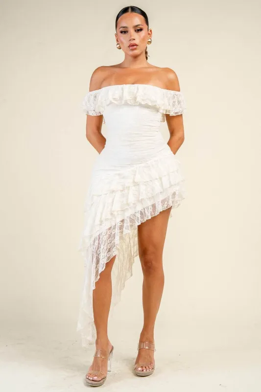 PD80160B / OFF SHOULDER LACE RUFFLE DRESS made by privy