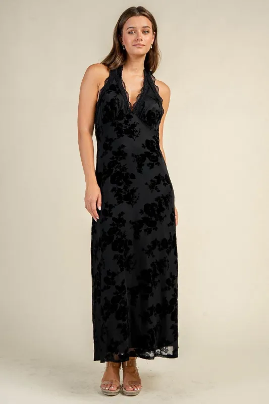 CD31303S / FLOCKED MESH HALTER NECK MAXI DRESS made by privy