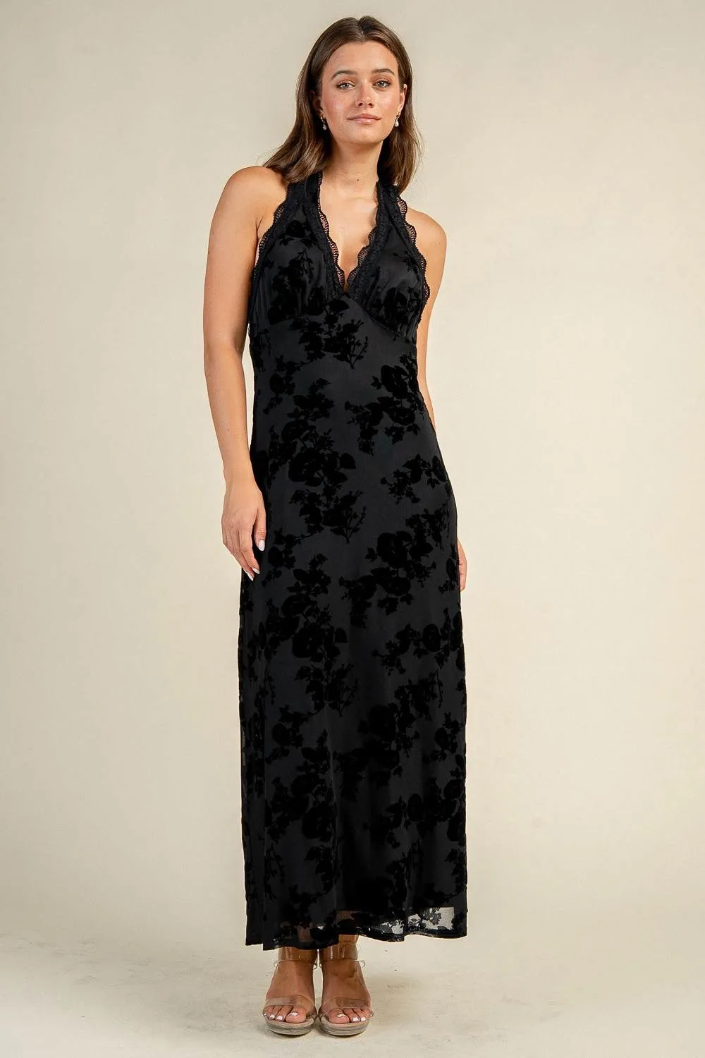 CD31303S / FLOCKED MESH HALTER NECK MAXI DRESS sold by privy