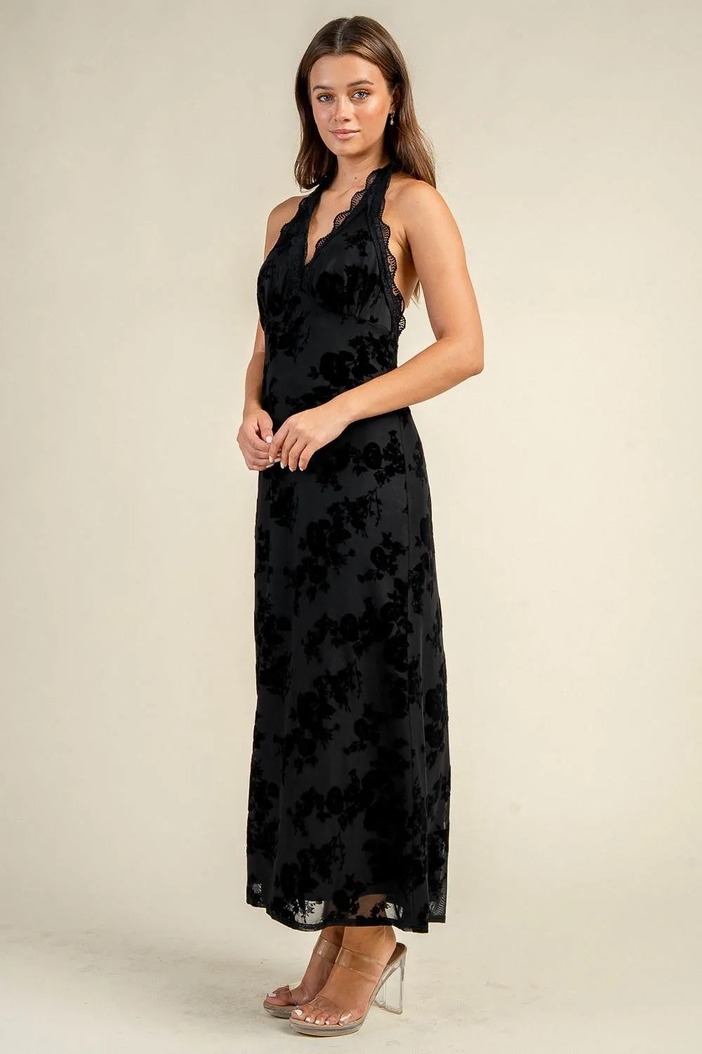 CD31303S / FLOCKED MESH HALTER NECK MAXI DRESS sold by privy product image thumbnail 2