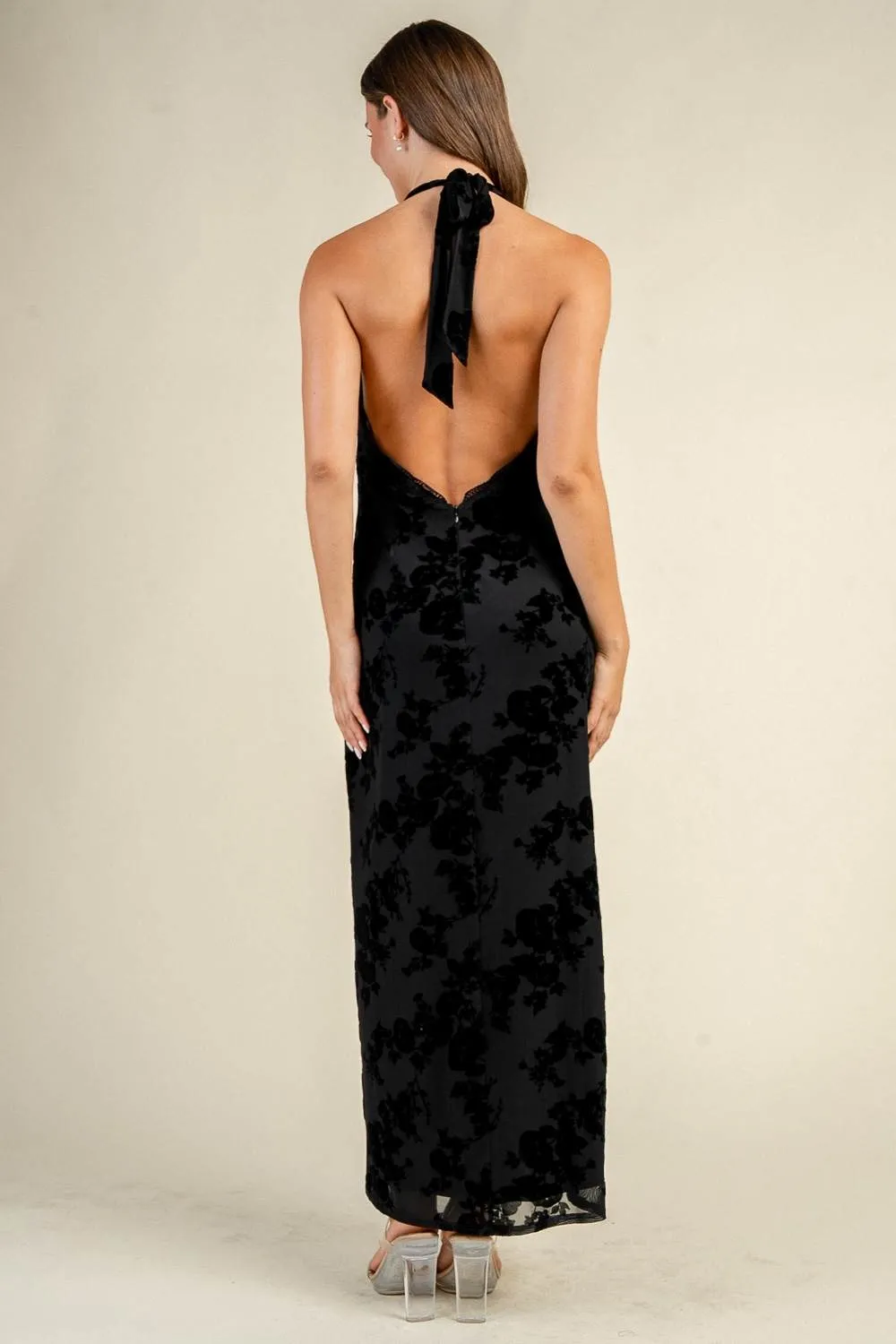 CD31303S / FLOCKED MESH HALTER NECK MAXI DRESS sold by privy product image thumbnail 3