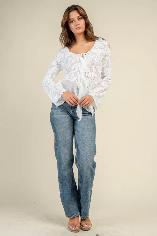 CT11080N / JACQUARD KNIT RUFFLED PLUNGE NECK TOP made by privy