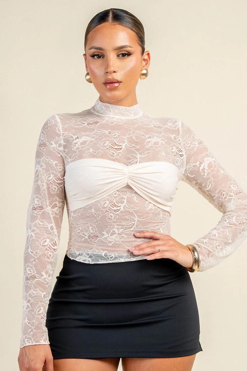 PT45829S / STRETCH LACE MOCK-NECK LACE LONG SLEEVE TOP sold by privy product image thumbnail 5