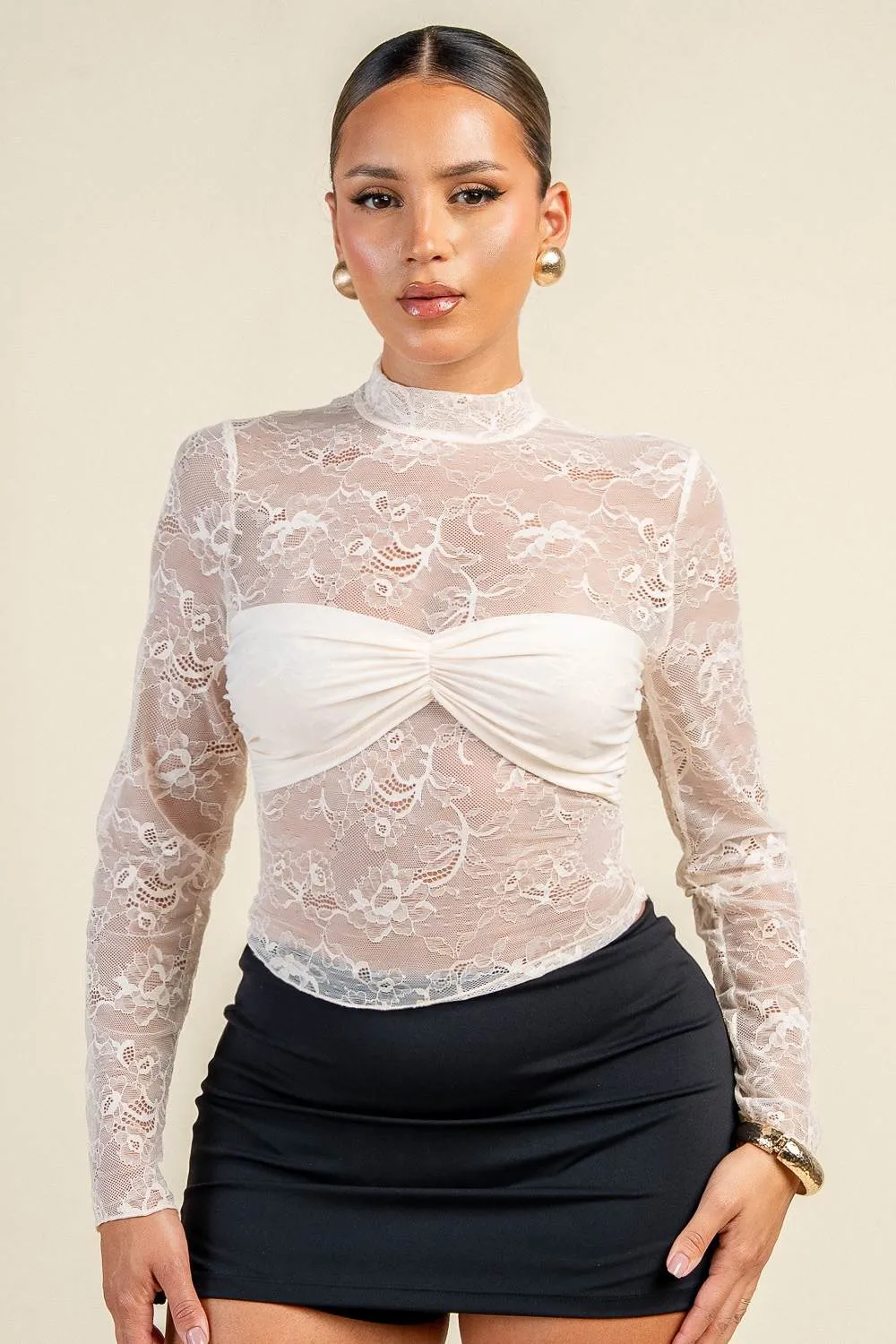 PT45829S / STRETCH LACE MOCK-NECK LACE LONG SLEEVE TOP sold by privy product image thumbnail 3