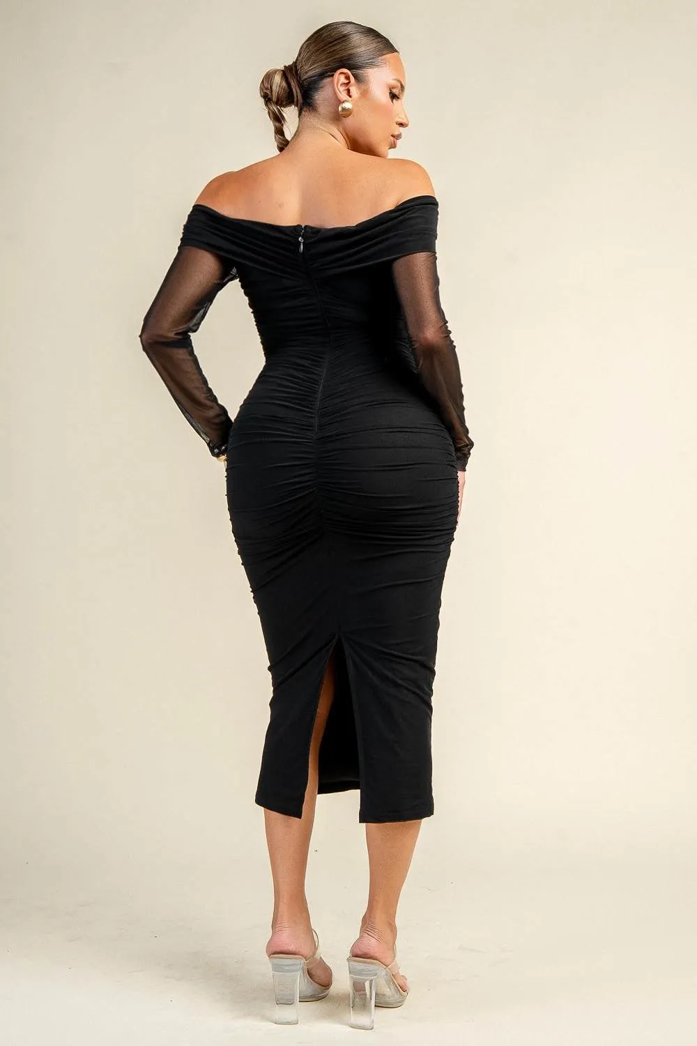 PD80194D / CLOUD MESH OFF SHOULDER RUCHED MIDI DRESS sold by privy product image thumbnail 3