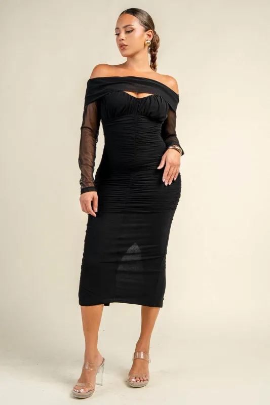 PD80194D / CLOUD MESH OFF SHOULDER RUCHED MIDI DRESS made by privy