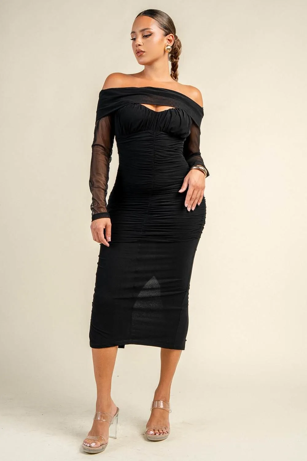 PD80194D / CLOUD MESH OFF SHOULDER RUCHED MIDI DRESS sold by privy