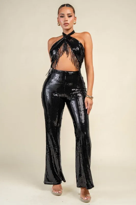 YJ1052N / CLEAR SEQUIN WITH BEAD FRINGE CROSS HALTER JUMPSUIT made by privy