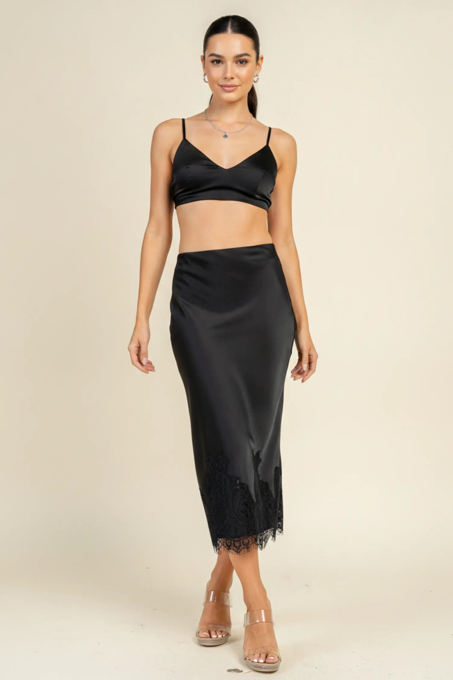 CB20173S / SATIN-LACE TRIMMED HEM MIDI SKIRT sold by privy product image thumbnail 5