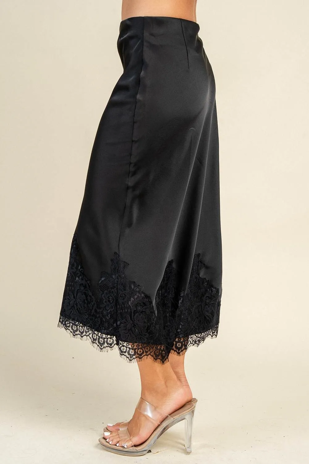 CB20173S / SATIN-LACE TRIMMED HEM MIDI SKIRT sold by privy product image thumbnail 4